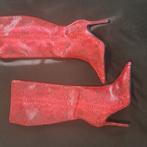INC International Concepts Rajel Red Knee High Snakeskin Heeled Boots